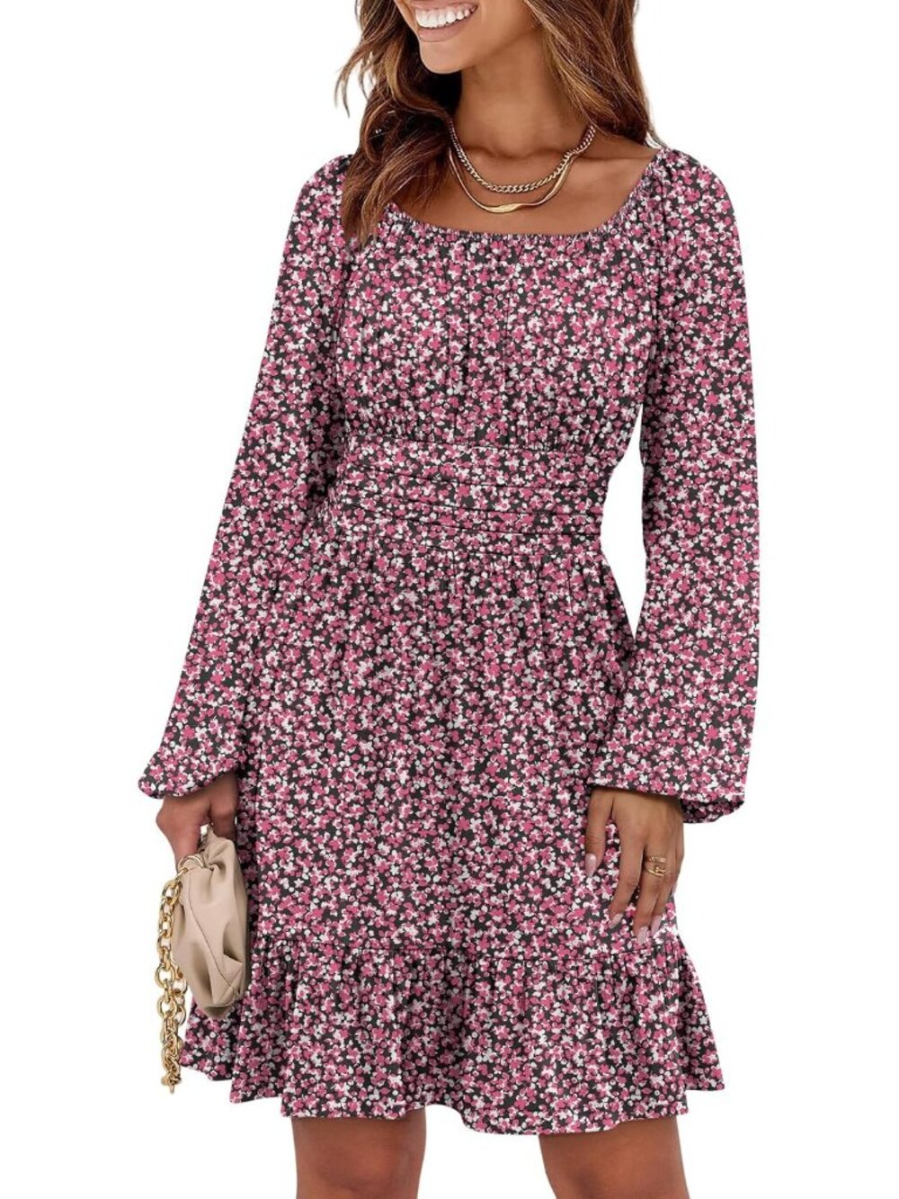 Women's Pink Floral Lantern Sleeve Square Neck Elastic Waist A-Line Short Dress